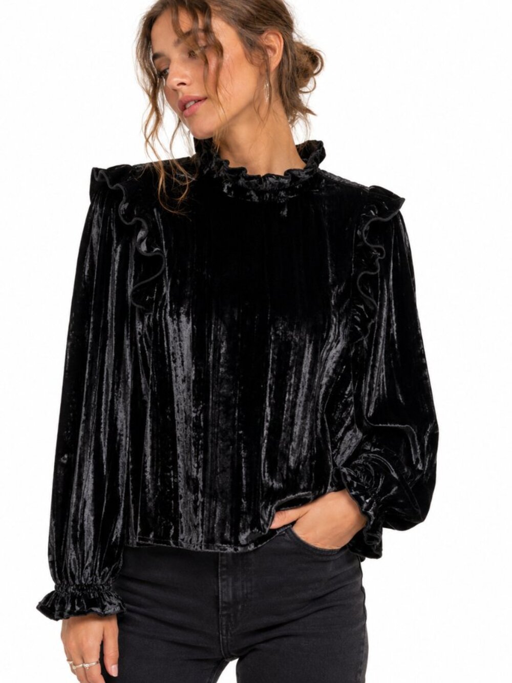 Opening Ceremony Velvet Ruffle Blouse Women's S Black Romantic Goth Chic Top‎